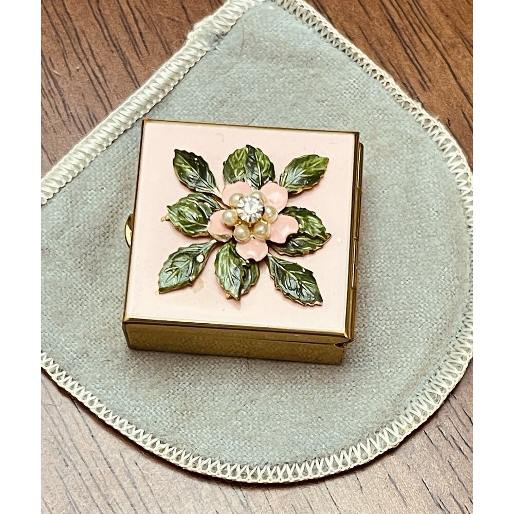 Vintage Floral Enamel Trinket Pill Box Faux Pearl Rhinestone Gold Tone 1.25"